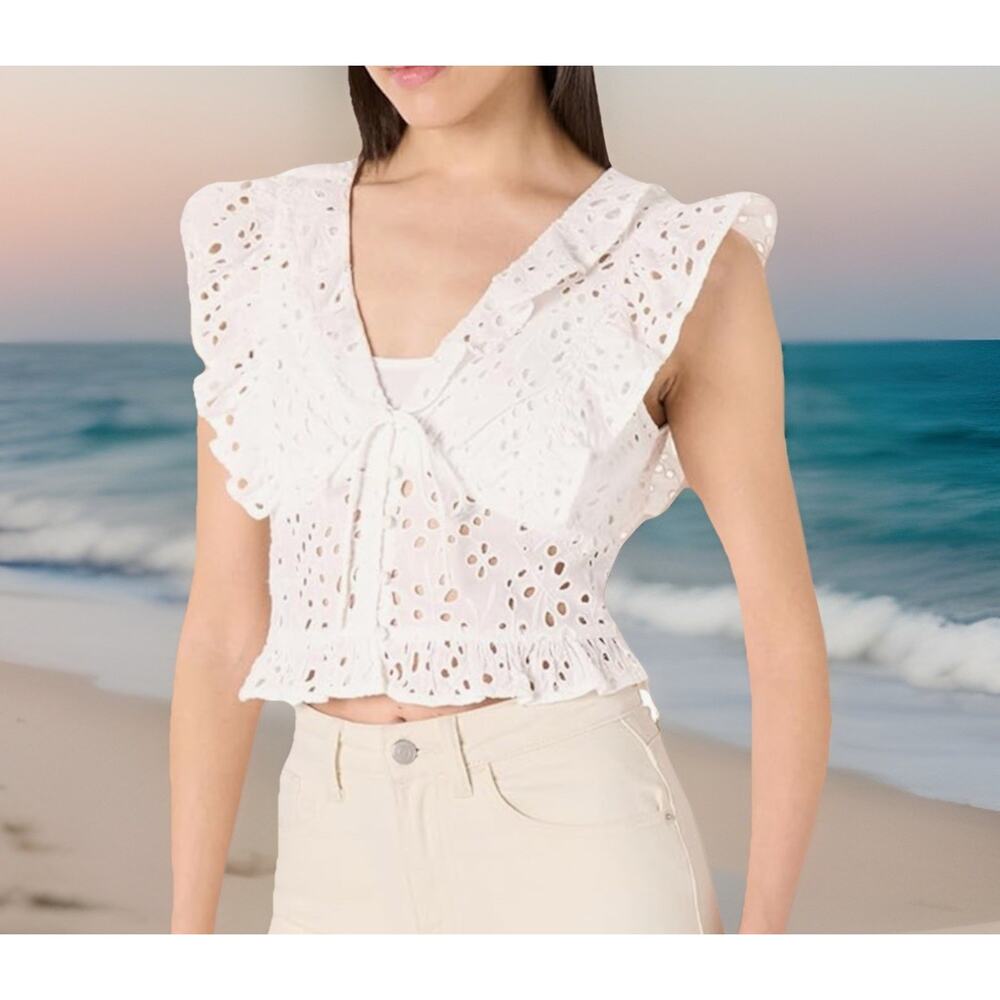 The Drop Womens L Margo Tie Front Ruffle Detail Cotton Sleeveless Blouse NEW